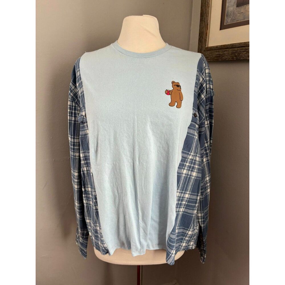 Bear with Red Solo Cup Upcycled Flannel Tshirt, Reworked, Summer, Vacation